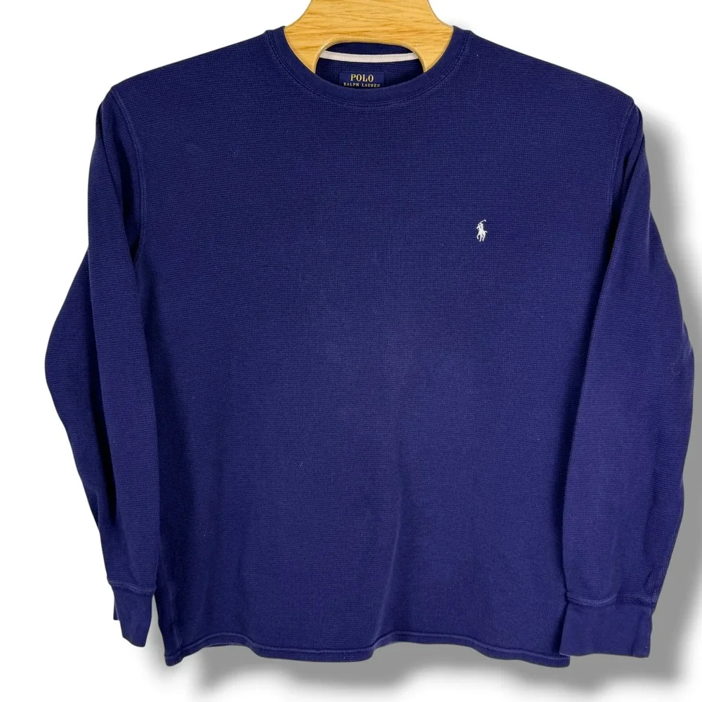 Polo Ralph Lauren Thermal Shirt Men 2XL Navy Blue Waffle Knit Cotton Long Sleeve